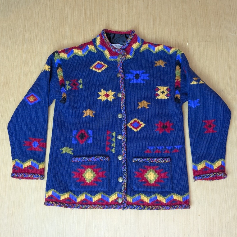 Coldwater Creek Chunky Wool Sweater Jacket Aztec Colorful Funky Women's‎ Medium
